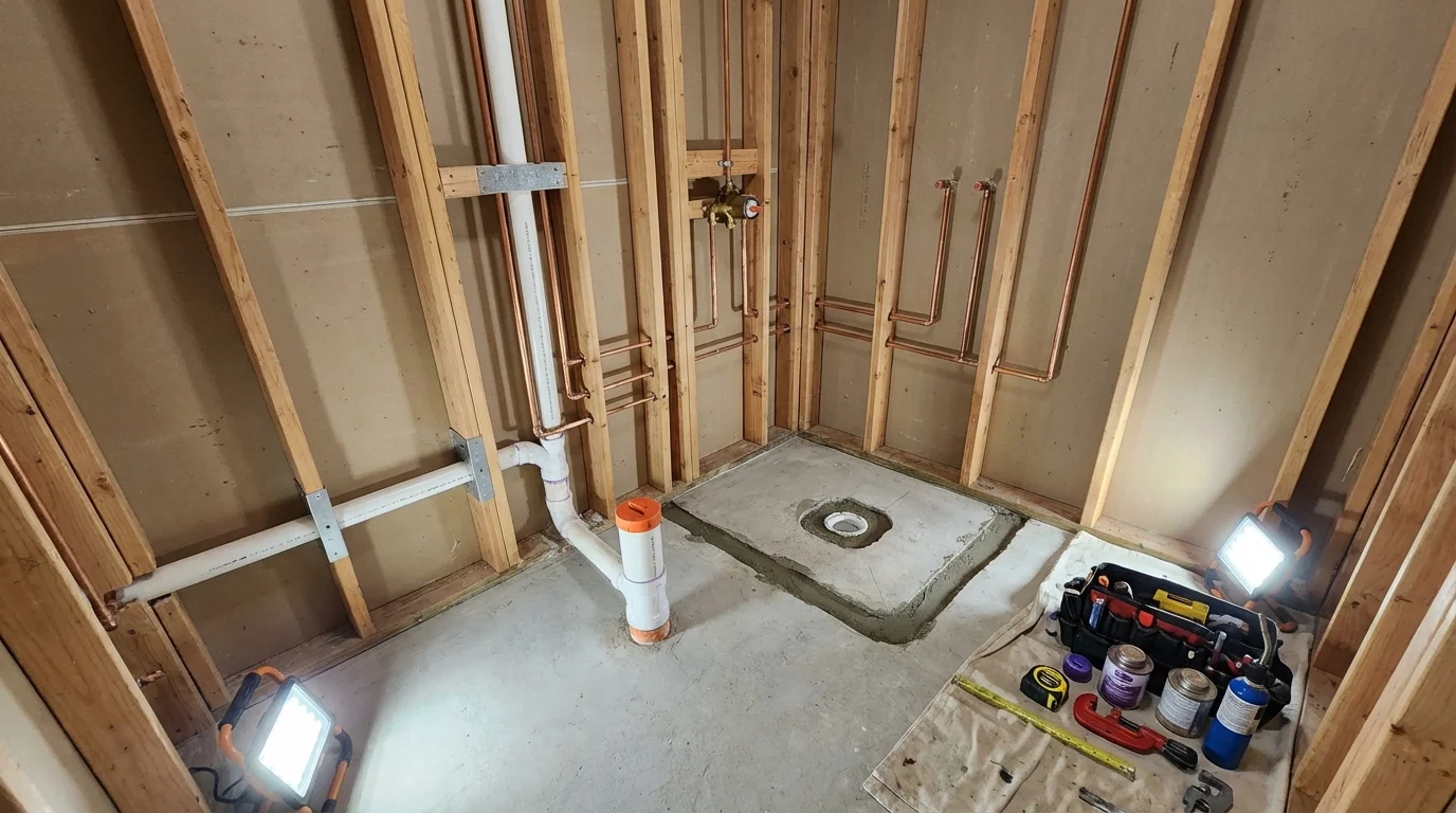 Bathroom rough-in plumbing during remodel by Johns Plumbing LLC in Waco